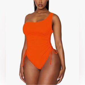 New Orange One Shoulder Ruched One Piece Swimsuit Tummy Control Tie Bathing Suit